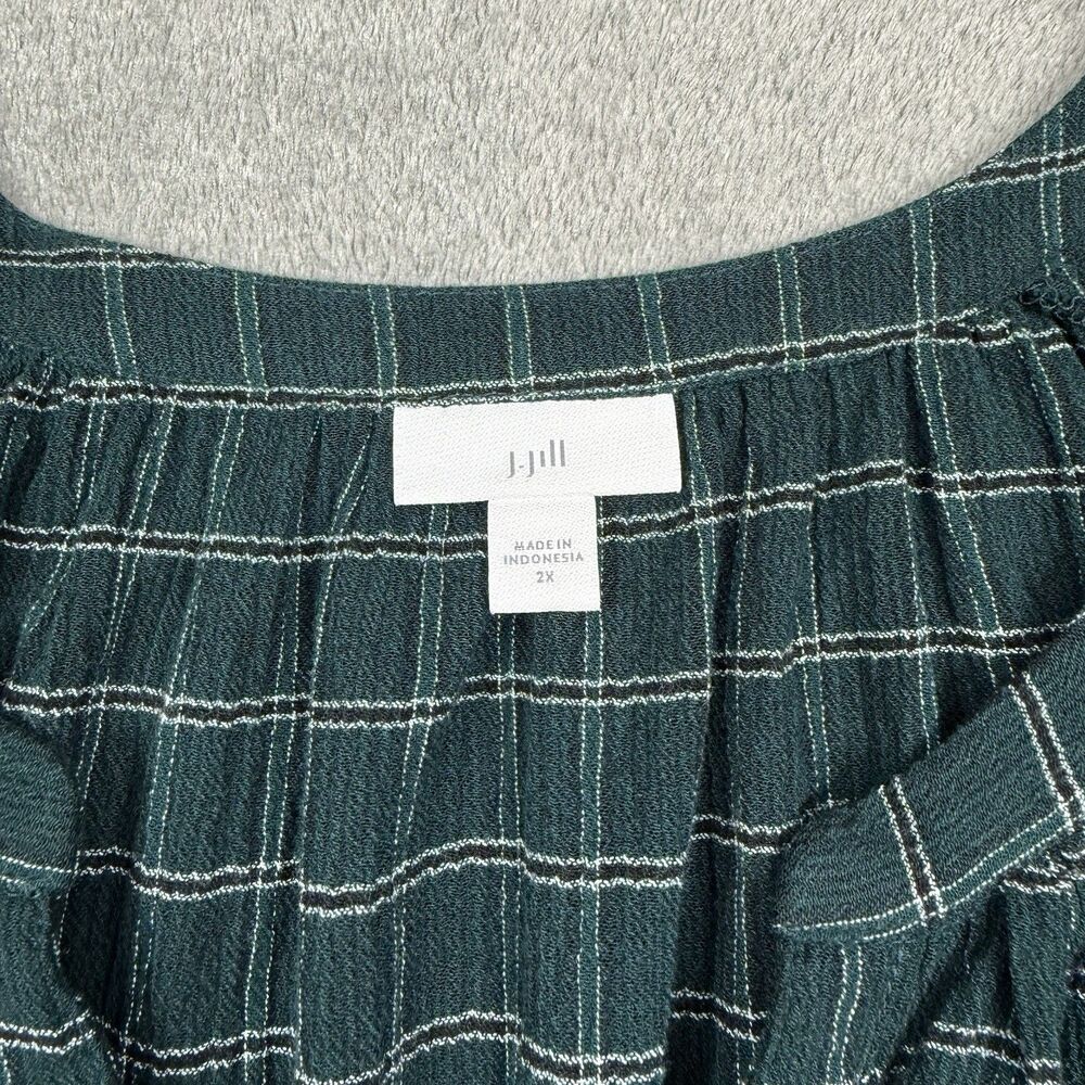 J. Jill Shirt Women's 2X Green Plaid Button Up V-Neck 3/4 Sleeve Dark Academia - Picture 5 of 10